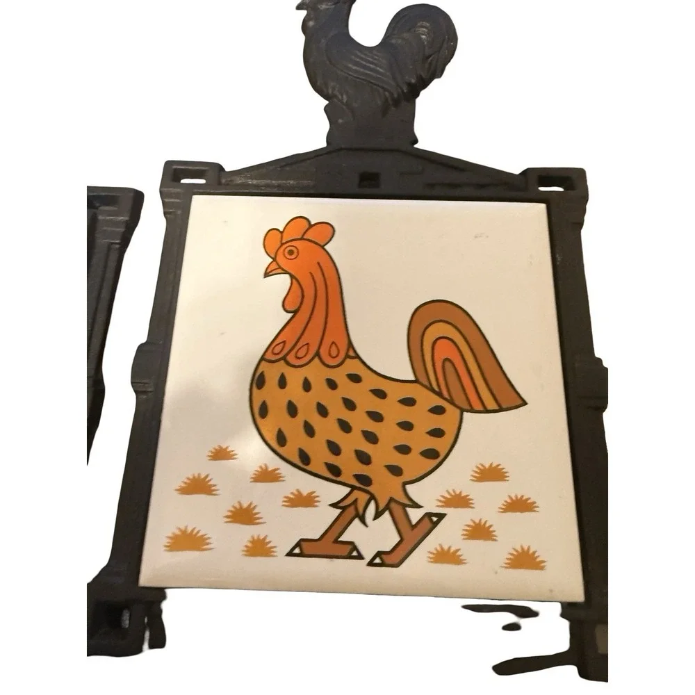 2 Vintage Cherry Cast Iron Framed Tile Trivet Colorful Rooster 70's Japan